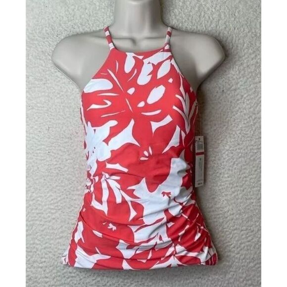 Anne Cole NWT size XS Retro Square neck coral/white print tankini swim top - Picture 2 of 12